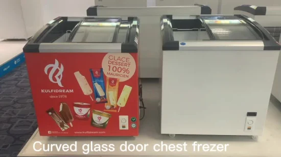 Geladeiras comerciais preço de fábrica congelador de porta de vidro deslizante curvo para sorvete de frutos do mar de peixe de frango